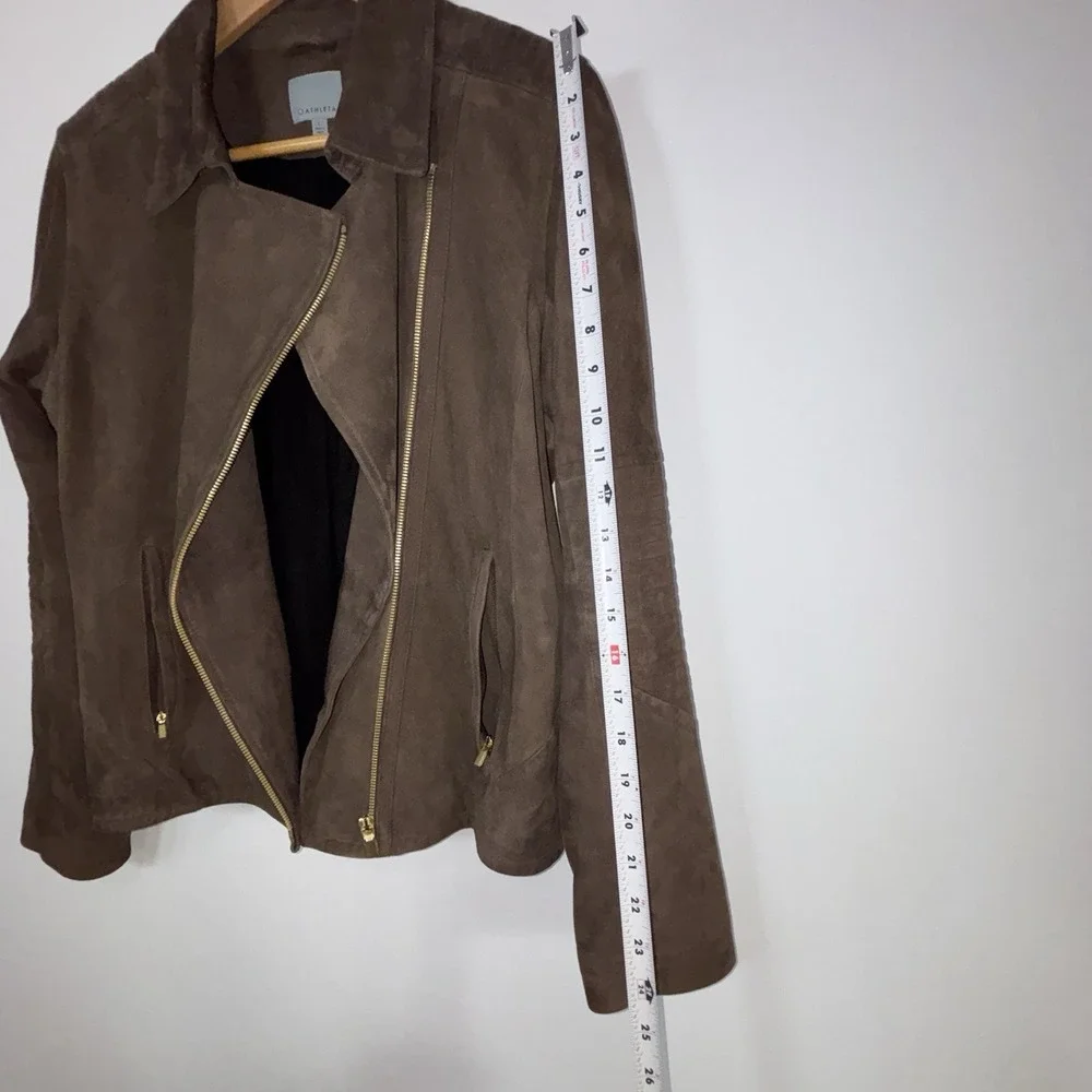 Athleta Genuine Leather Moto Jacket Brown Asymmetrical Zip Size Large EUC - Picture 6 of 8